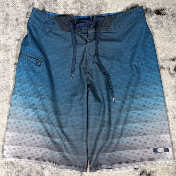 Y2K Oakley Blue Gray Stripes Board Shorts - Picture 1 of 4